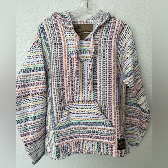 Baja Hoodie Boho Pullover White Rainbow Mini Stripe Medium by No Bad Days - Picture 2 of 10